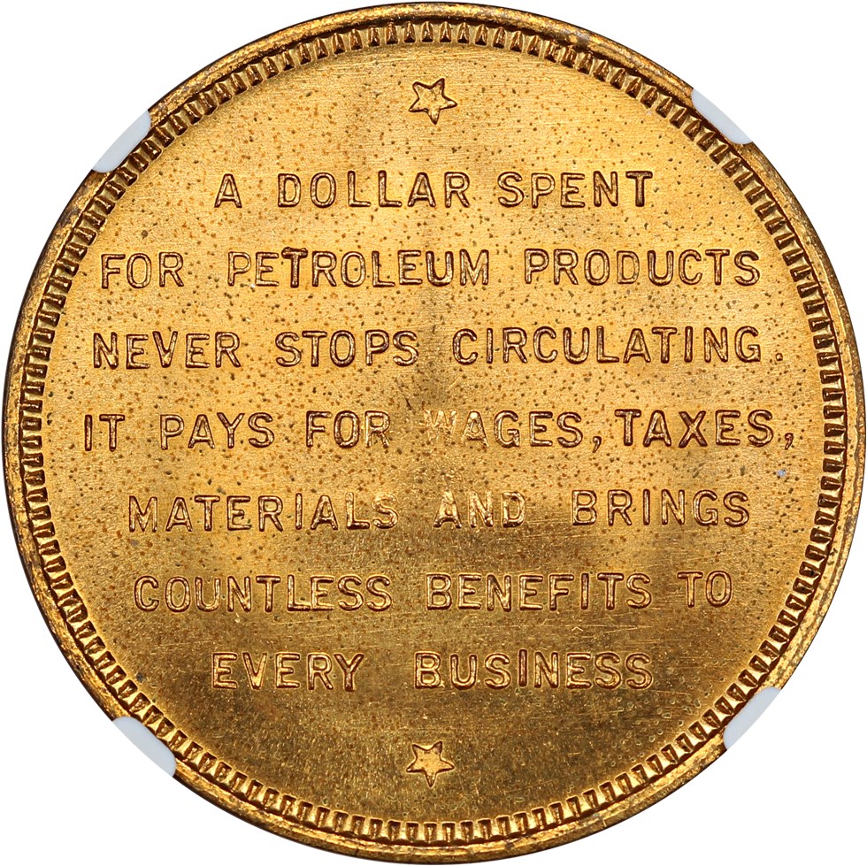 image for: 1939 Golden Gate, Petroleum, Ty. 2, Bronze Gilt SC$1 NGC MS66 (HK-484)