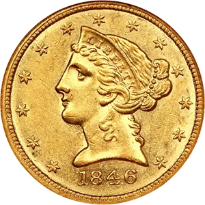 image for: 1846 $5 NGC AU58 (Small Date) ex: Bass