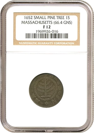 image for: 1652 Shilling Small Pine Tree NGC F12