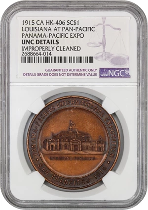 image for: 1915 Pan-Pac Expo, State Seal/LA Expo rev, Bronze SC$1 NGC UNC (HK-406)