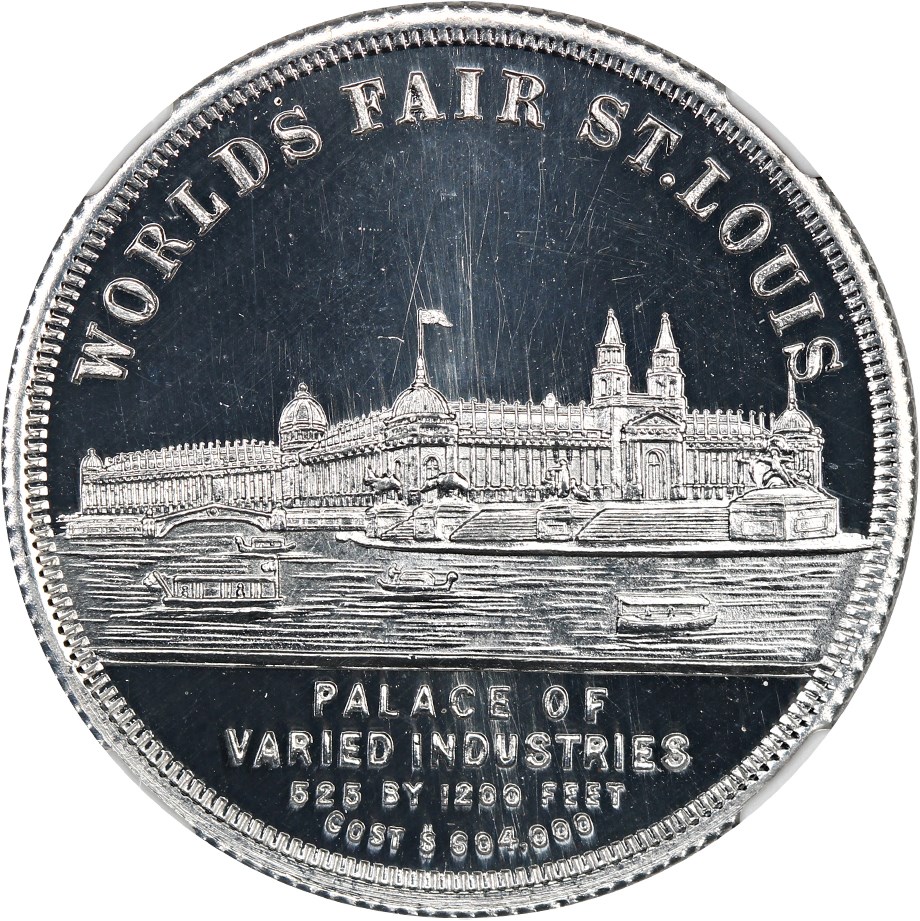 1904 SC$1 LA Purch Expo, Exhib Bldg obv, Transport & Art Bldg rev, Aluminum, HK-321 MS