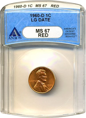 image for: 1960-D 1c Large Date ANACS MS67 RD