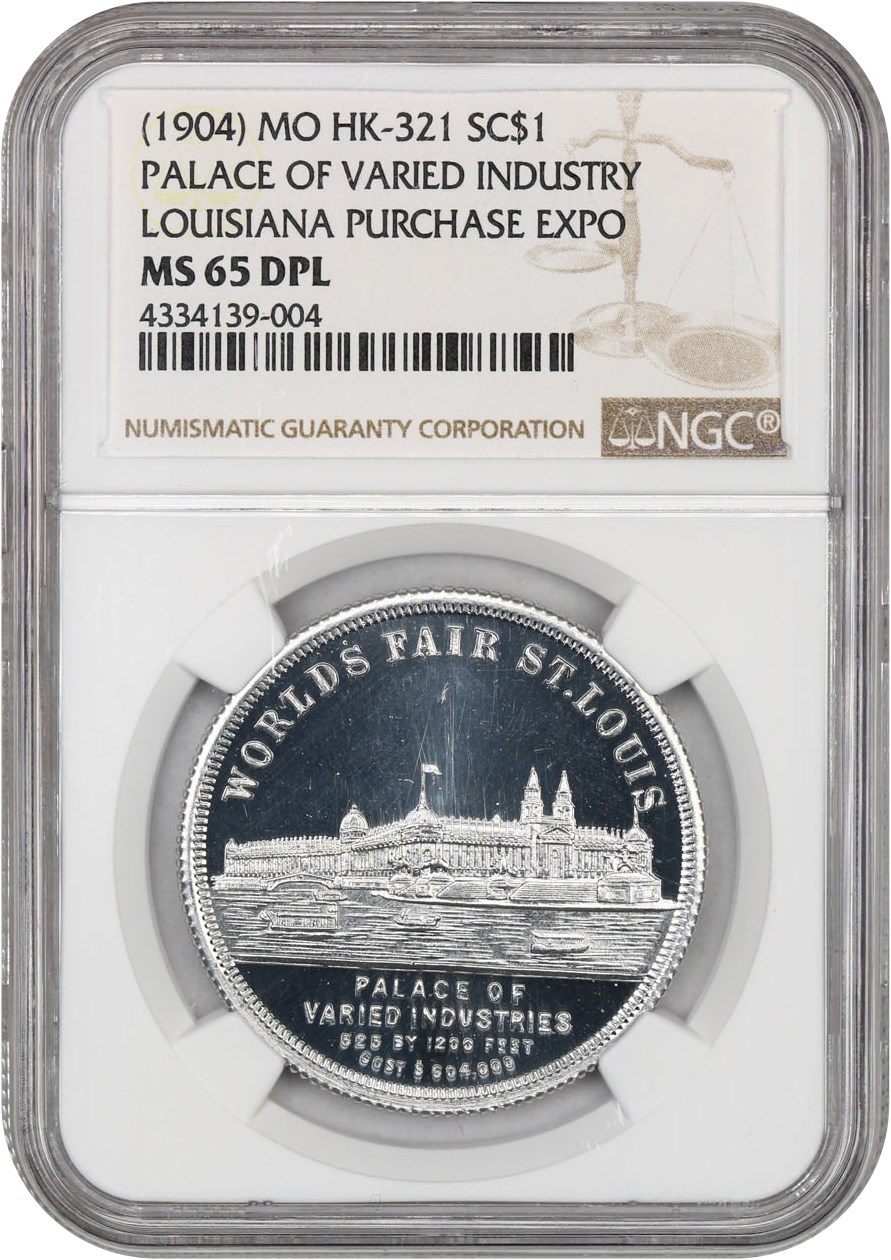 image for: 1904 LA Purch Expo, Exhib Bldg obv, Transport & Art Bldg rev, Aluminum SC$1 NGC MS65 DPL (HK-321)