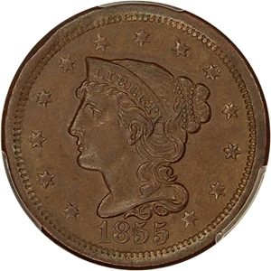 image for: 1855 1c PCGS/CAC AU55 (Upright 55)
