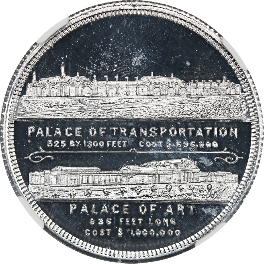 image for: 1904 LA Purch Expo, Exhib Bldg obv, Transport & Art Bldg rev, Aluminum SC$1 NGC MS65 DPL (HK-321)
