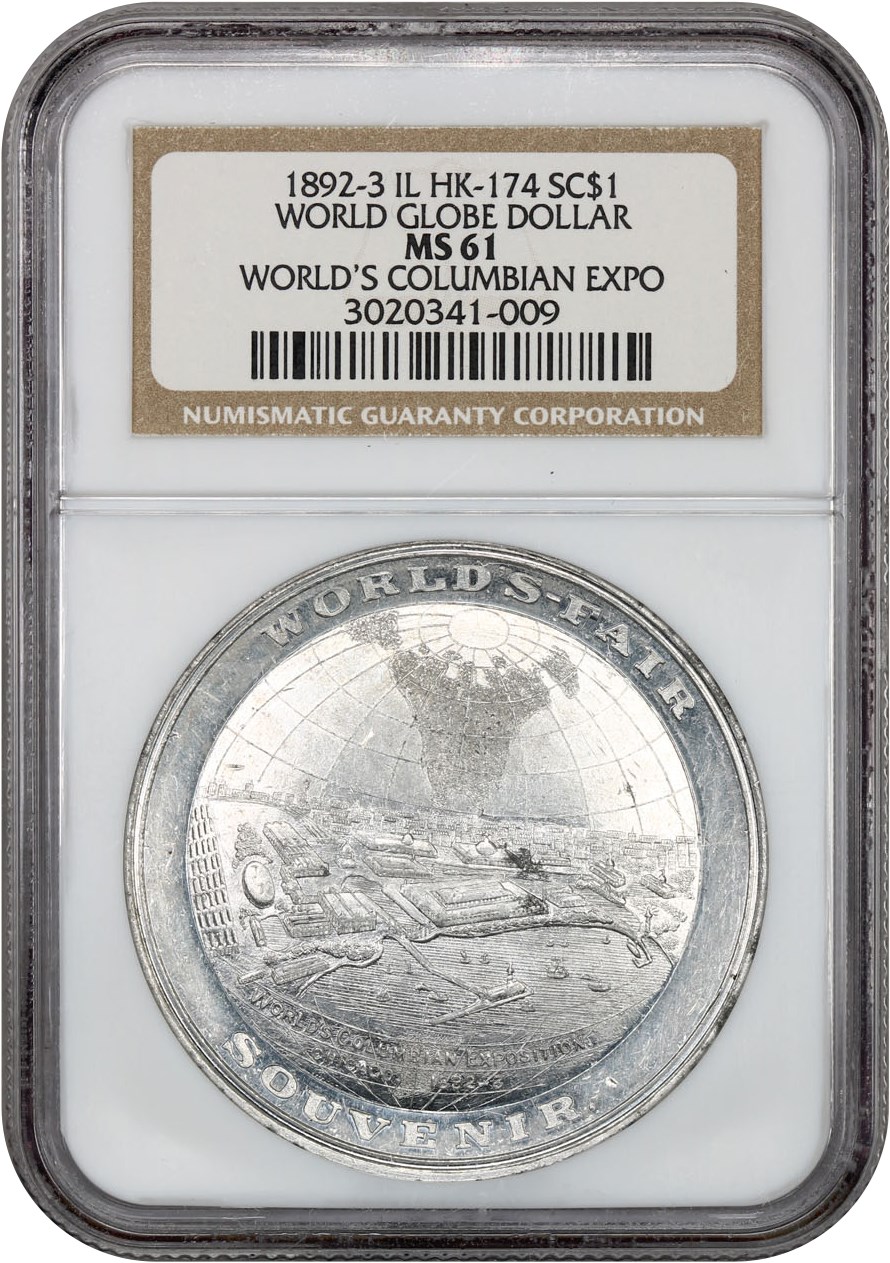 image for: 1892-3 Columbian Expo, World Globe, Aluminum SC$1 NGC MS61 (HK-174)