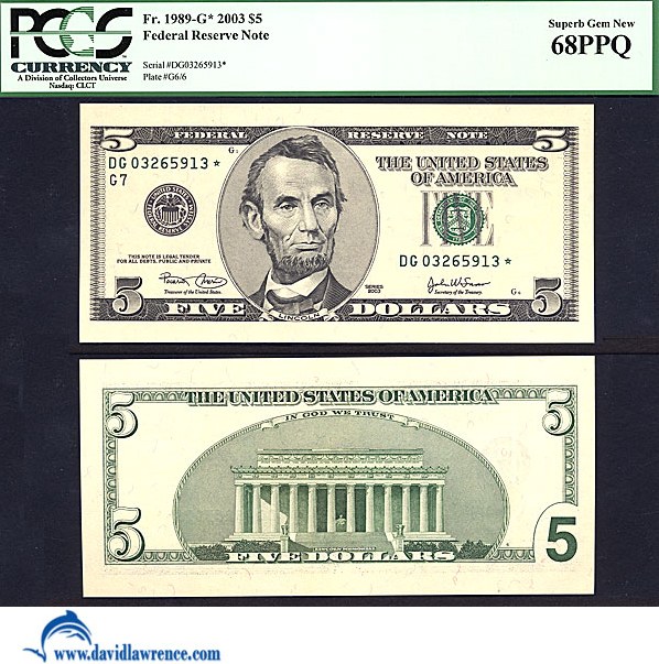 image for: Fr.1989G 2003 $5 Ft. Worth, TX PCGS Gem CU68 PPQ [DG03265913] *Star* 