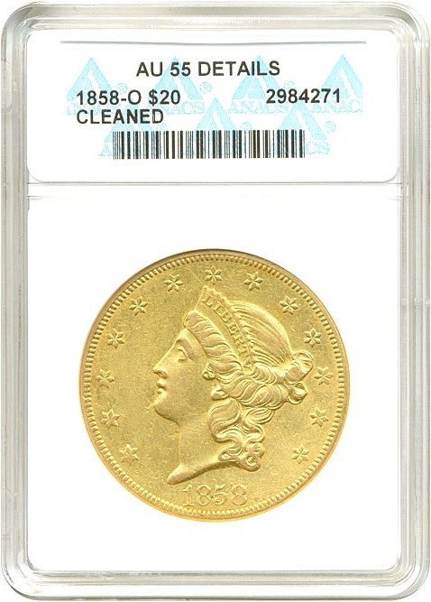 image for: 1858-O $20  ANACS AU55 Details (Cleaned)