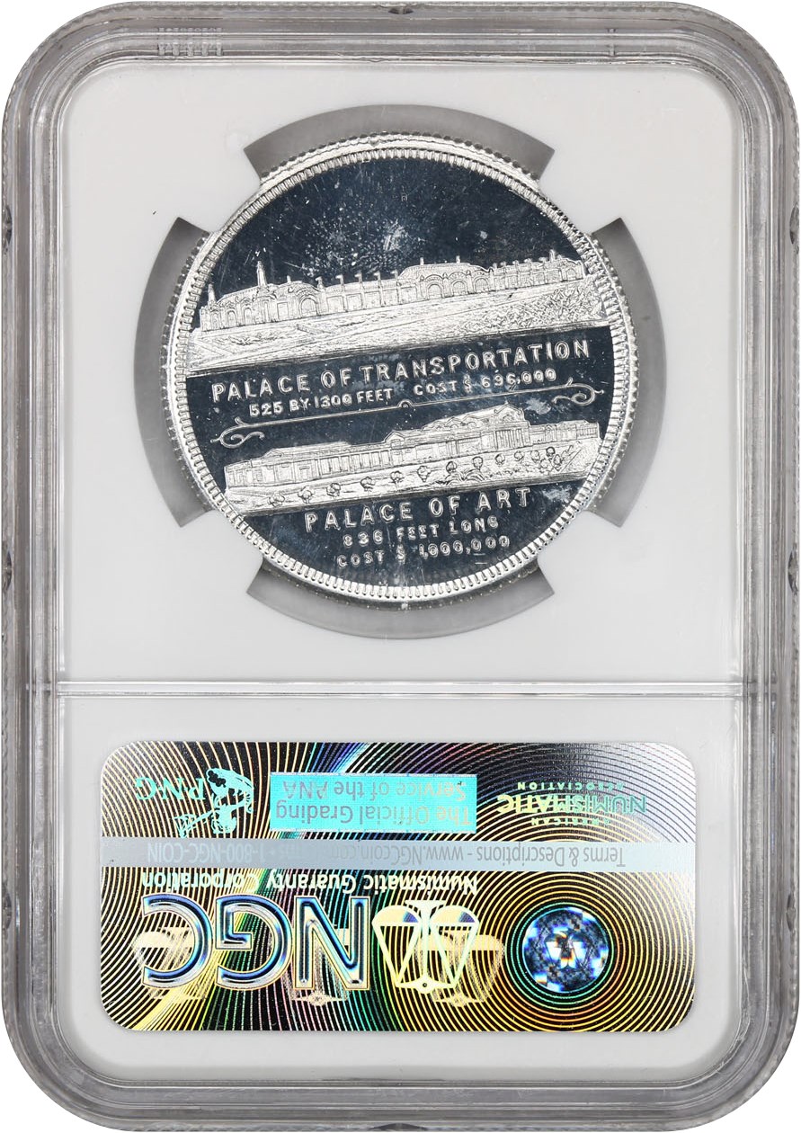 image for: 1904 LA Purch Expo, Exhib Bldg obv, Transport & Art Bldg rev, Aluminum SC$1 NGC MS65 DPL (HK-321)