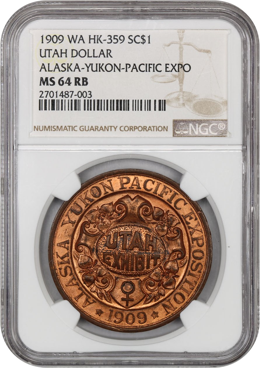 image for: 1909 Alaska-Yukon Expo, Utah, Copper SC$1 NGC MS64 RB (HK-359)