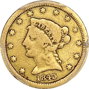 image for: 1843-D $2 1/2 PCGS/CAC VG-08 (Small D)
