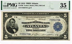 image for: FR. 790 1918 $5 Atlanta PMG Very Fine 35