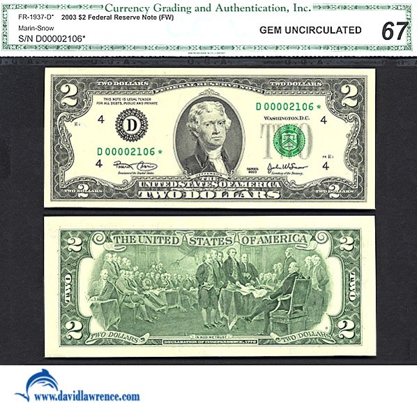 image for: Fr.1937D* 2003 $2  CGA Gem CU67  [D00002106] *Star* 