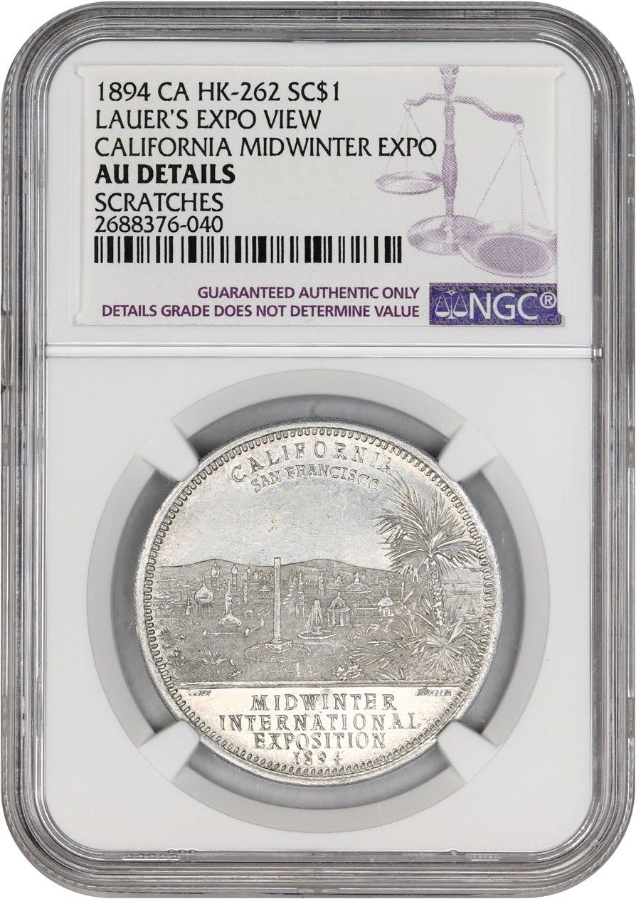 image for: 1894 Cal Expo, Lauers Palace, Aluminum SC$1 NGC AU (HK-262)
