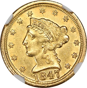 image for: Mint Error: 1847-O $2 1/2 NGC MS61 (Rotated Dies, VP-001)
