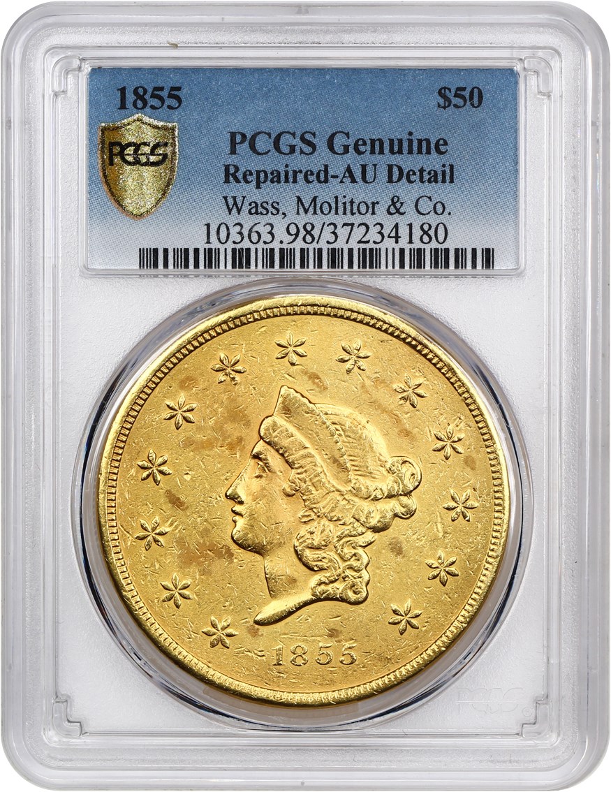 image for: 1855 Wass Molitor & Co., Large Head $50 PCGS AU Details (Repaired, K-9)
