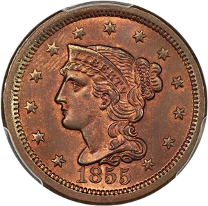 image for: 1855 1c PCGS/CAC MS65 RB (Upright 55)