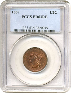 image for: 1857 1/2c PCGS Proof 63 RB