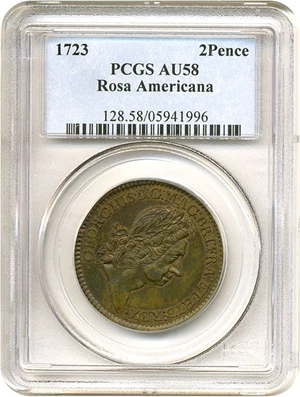 image for: 1723 2 Pence Rosa Americana PCGS AU58 BN