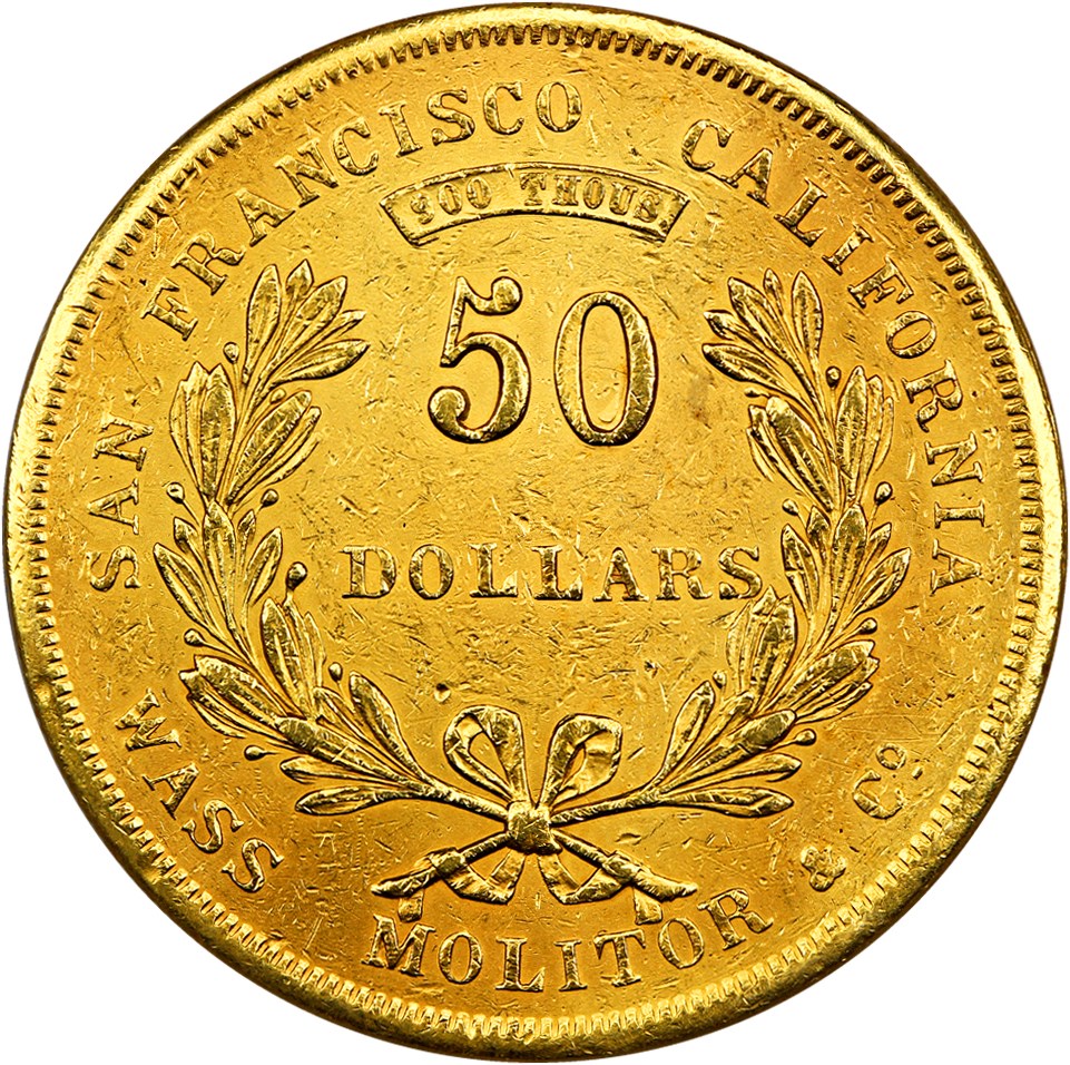 image for: 1855 Wass Molitor & Co., Large Head $50 PCGS AU Details (Repaired, K-9)