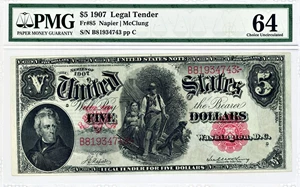 image for: FR. 85 1907 $5 Legal Tender PMG Choice Unc 64 EPQ