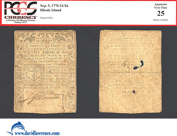 image for: Rh. Island: Fr.RI241 1776 $1/16 5-Sep PCGS Apparent VF25  [2442] (Stains on Back)