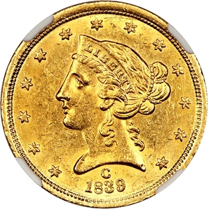 image for: 1839-C $5 NGC MS62 ex: Milas Collection