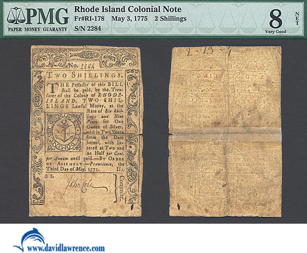 image for: Rh. Island: Fr.RI178 1775 2s 3-May PMG Net VG8  [2284] (Tape Repair)
