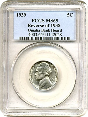 image for: 1939 5c Reverse of 1938 PCGS MS65 ex: Omaha Bank Hoard