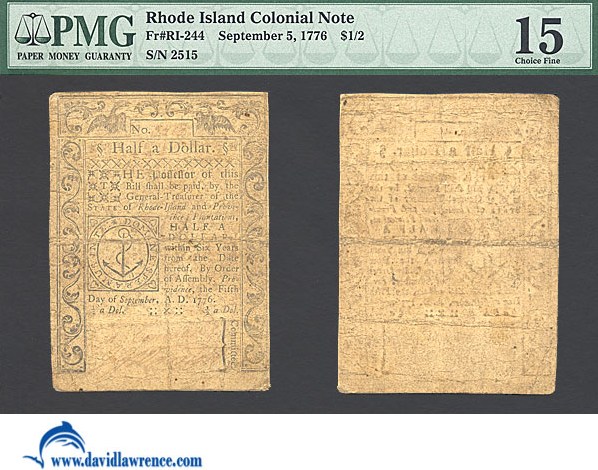 image for: Rh. Island: Fr.RI244 1776 $1/2 5-Sep PMG F15  [2515]