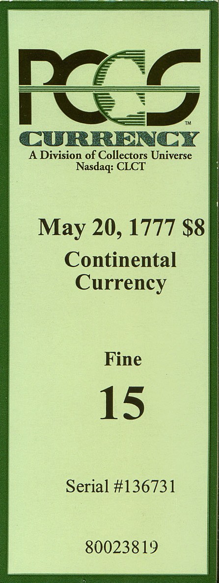 image for: Continental Congress: Fr.CC69 1777 $8 20-May PCGS F15  [136731]