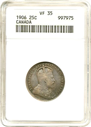 image for: Canada: 1906 25C Large Crown ANACS VF35
