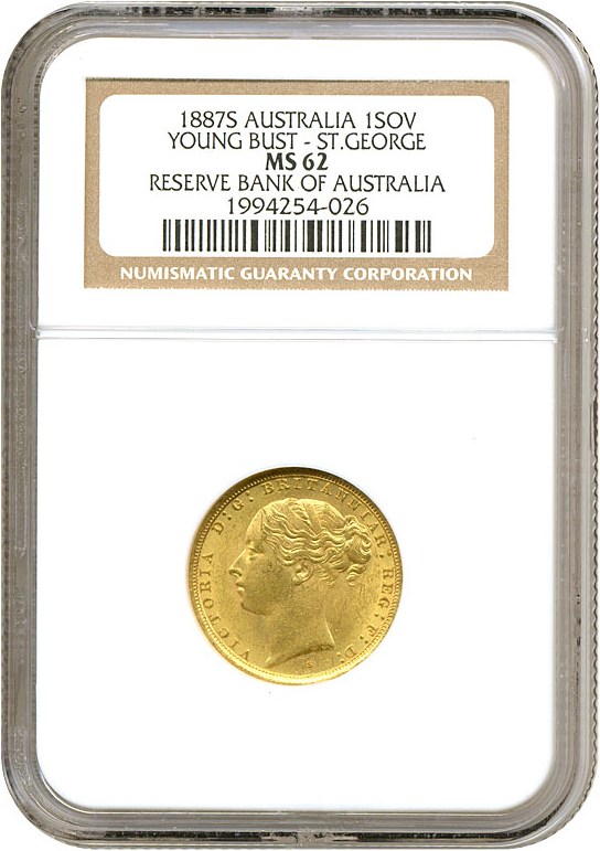 image for: Australia: 1887-S Sov Young Head  (KM-7) NGC MS62 