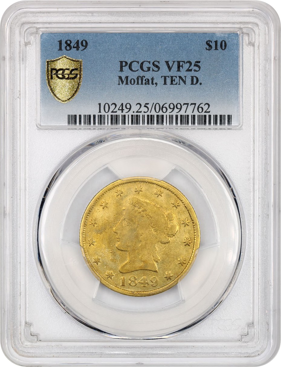 image for: 1849 Moffat $10 PCGS VF25 (TEN D.)
