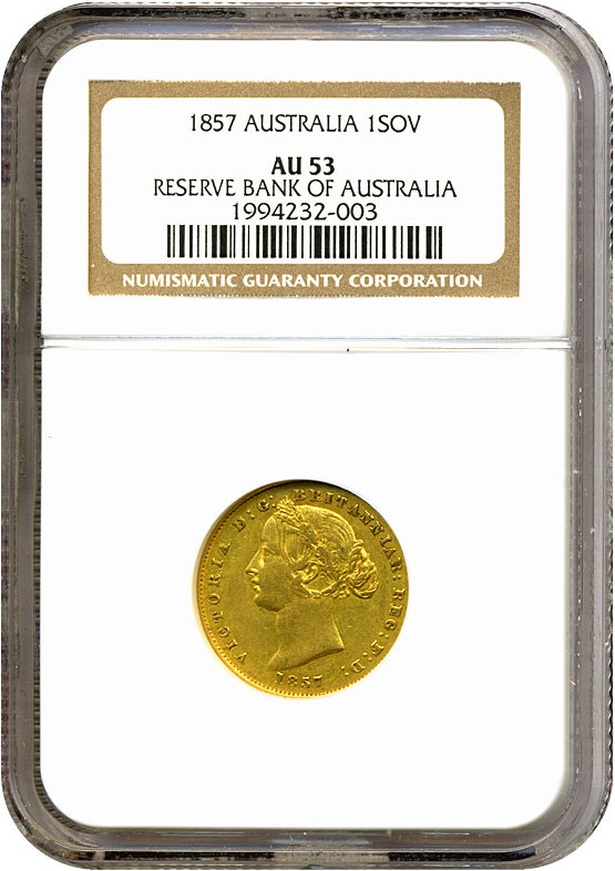 image for: Australia: 1857 Sov Sydney Mint NGC AU53 