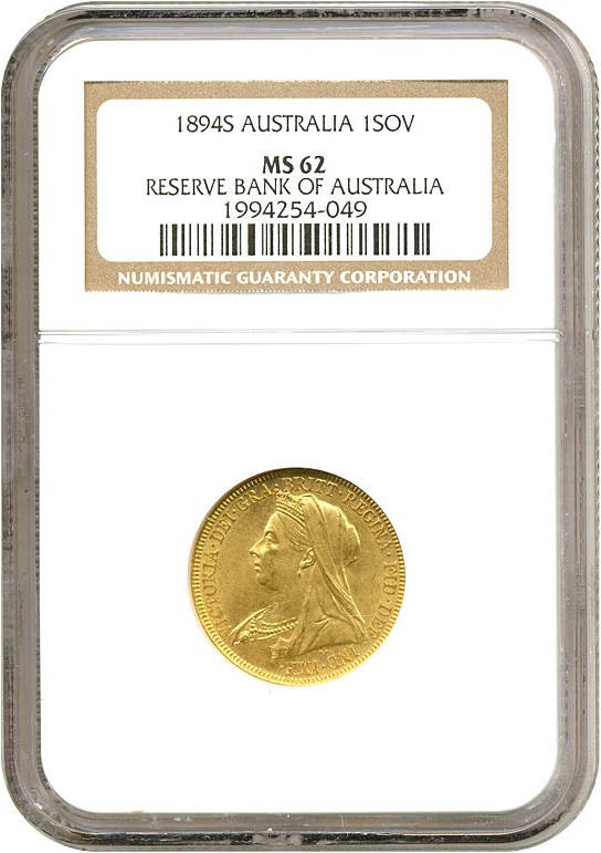 image for: Australia: 1894-S Sov (KM-13) NGC MS62 