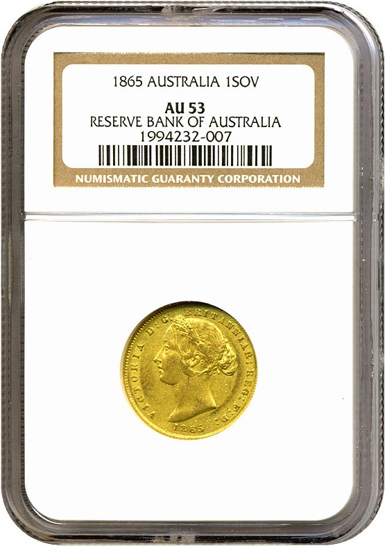 image for: Australia: 1865 Sov Sydney Mint NGC AU53 