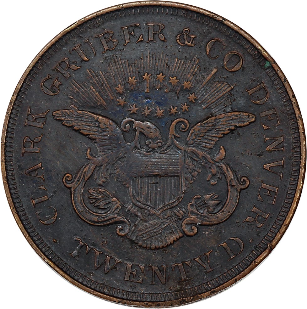 image for: Pattern: 1861 Clark Gruber Copper Die Trial $20 PCGS AU50