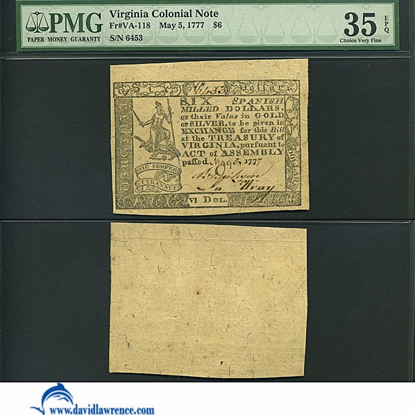 image for: Virginia: Fr.VA118 1777 $6 5-May PMG VF35 EPQ [6453]