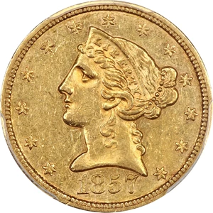 image for: 1857-S $5 PCGS/CAC AU58