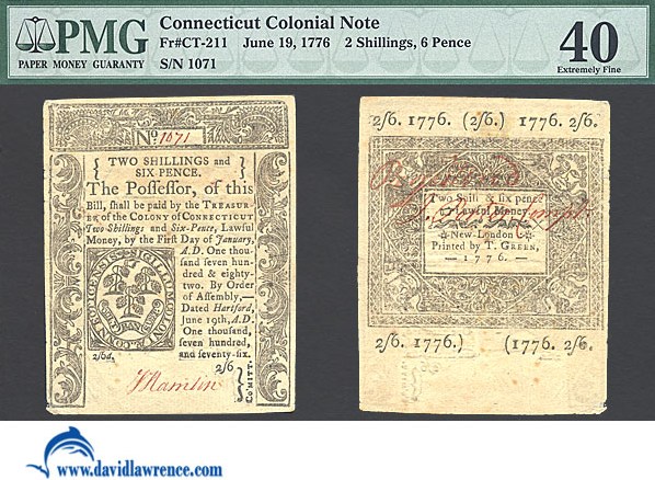 image for: Connecticut: Fr.CT211 1776 2s/6d 19-Jun PMG XF40  [1071]