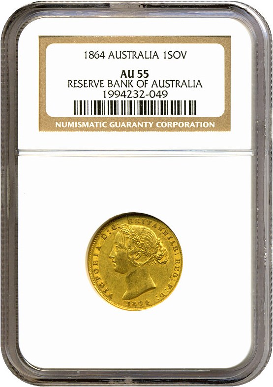 image for: Australia: 1864 Sov Sydney Mint NGC AU55 