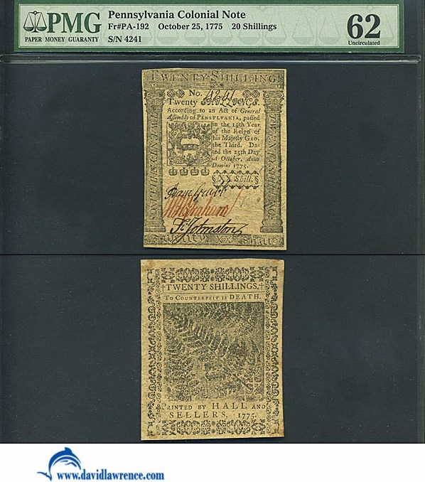 image for: Pennsylvania: Fr.PA192 1775 20s 25-Oct PMG CU62  [4241]