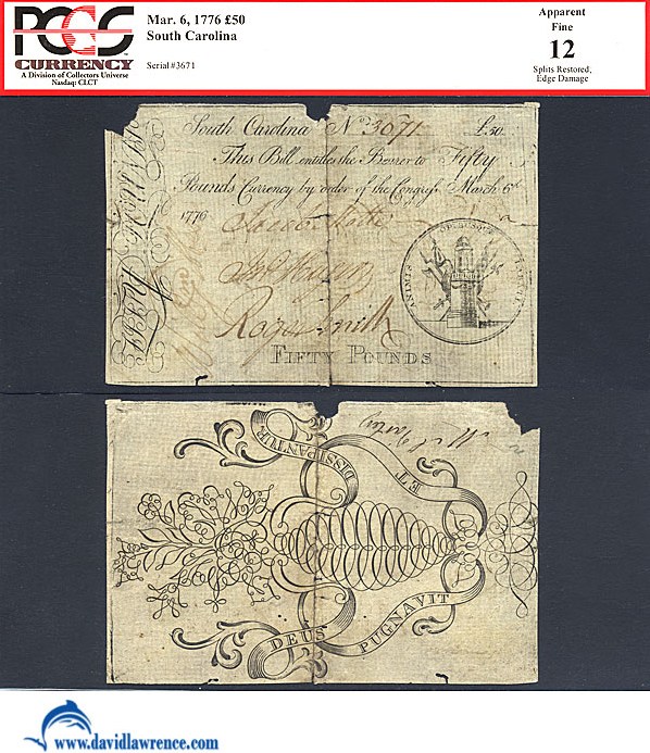 image for: South Carolina: Fr.SC127 1776 £50 6-Mar PCGS Apparent F12 (Splits Restored, Edge Damage)  [3671]