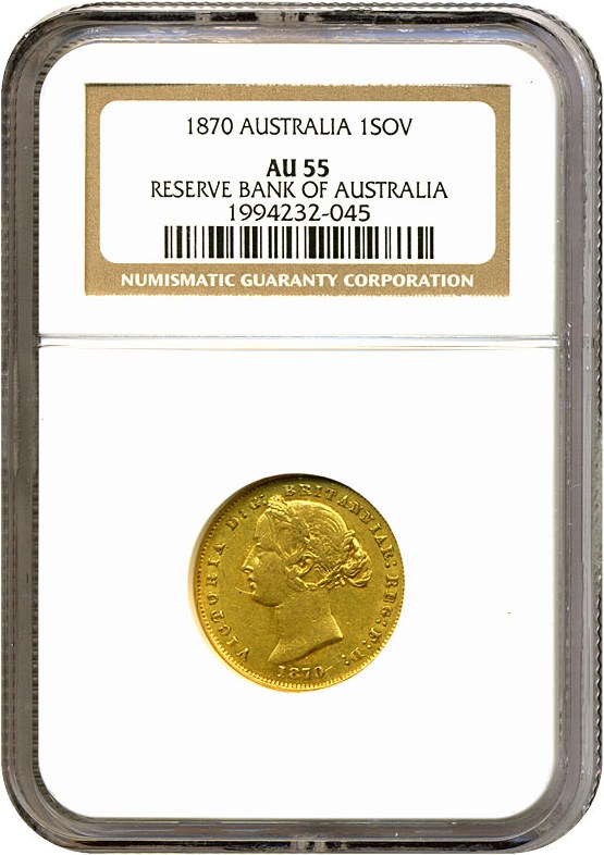 image for: Australia: 1870 Sov Sydney Mint NGC AU55 