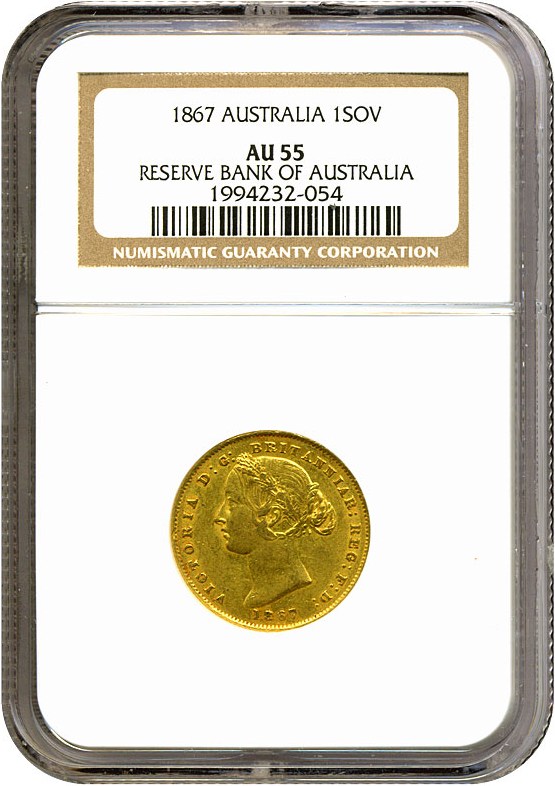 image for: Australia: 1867 Sov Sydney Mint NGC AU55 