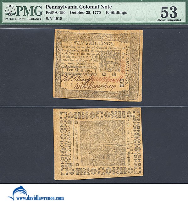 image for: Pennsylvania: Fr.PA190 1775 10s 25-Oct PMG AU53  [4918]