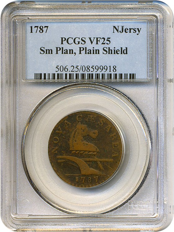 image for: 1787 New Jersey Sm Plan, Plain Shld PCGS VF25 BN