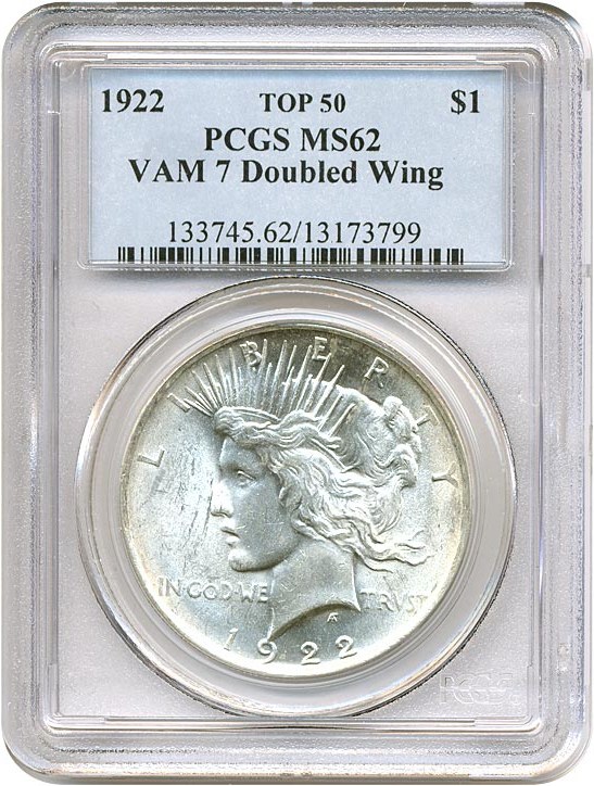 image for: Top 50 VAM: 1922 $1 VAM 7  Doubled Wing PCGS MS62 