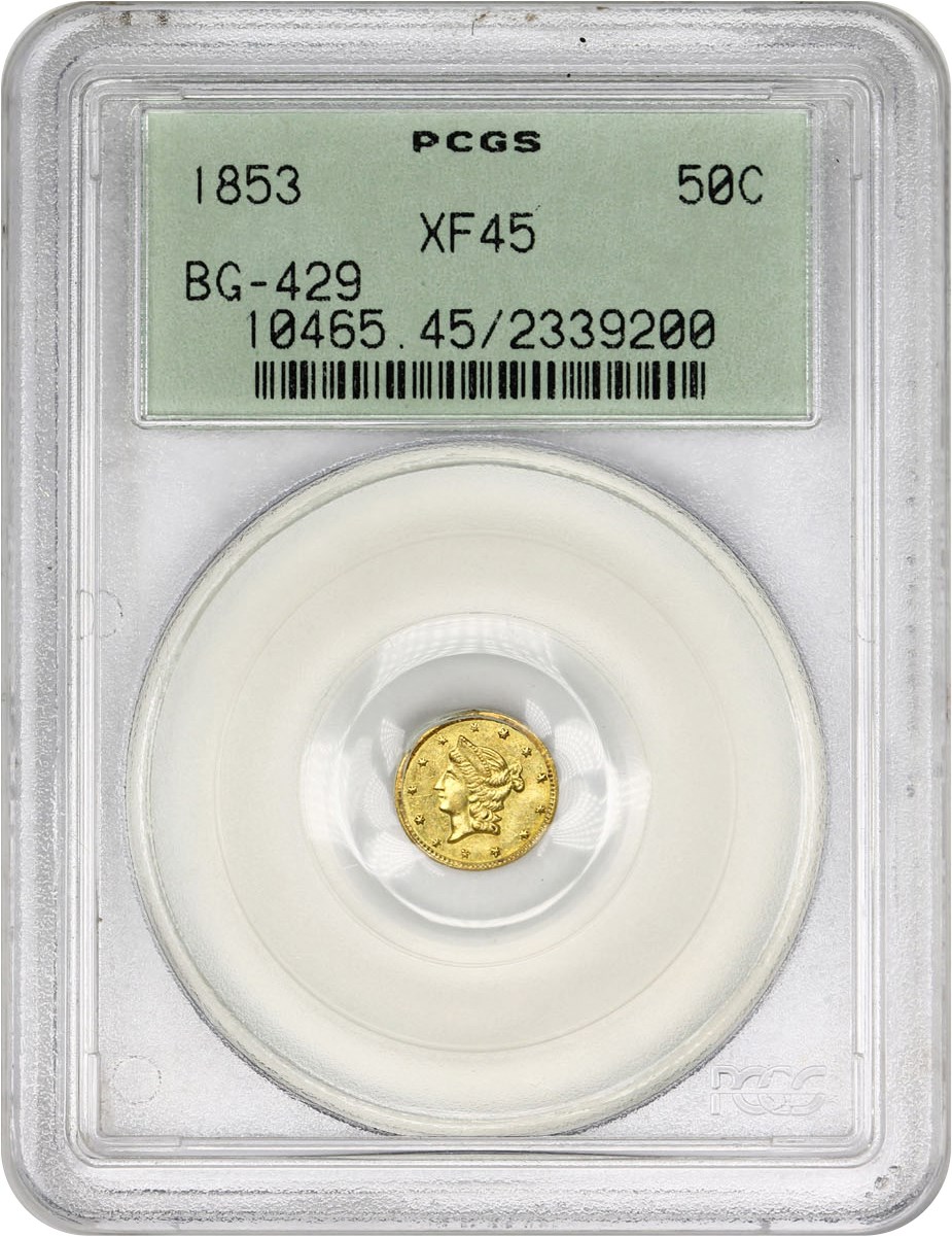 image for: 1853 Cal. Gold 50c PCGS XF45 (BG-429, OGH)